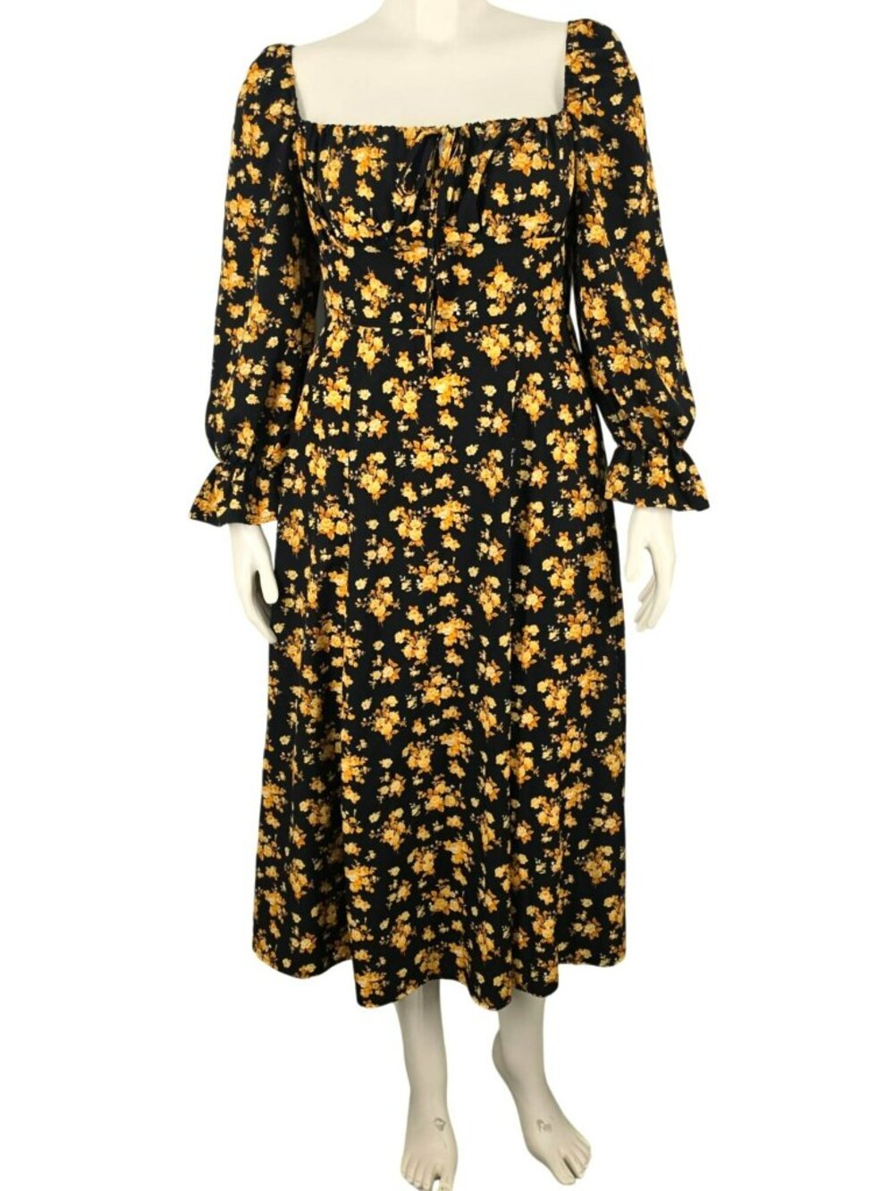 Women's Shein Floral Dress Peasant Style Large Black Yellow Roses Flowy Romantic